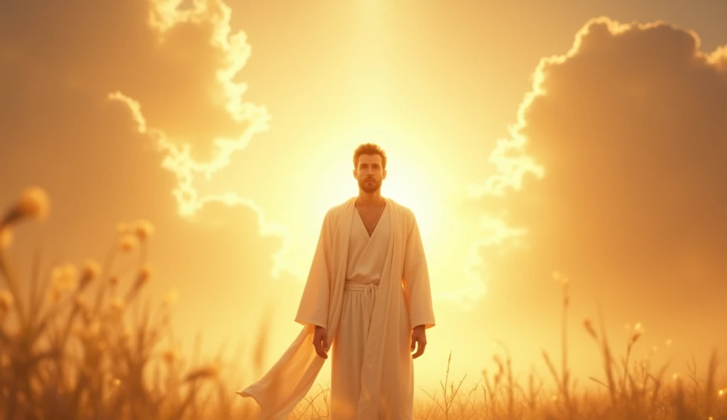 A realistic image in warm tones. The scene depicts a peaceful, heavenly setting with a warm, golden light. A man in white attire, representing purity and serenity, is standing in the glowing background. The image reflects a sense of spiritual fulfillment and eternal peace, symbolizing the mercy and compassion granted to him."