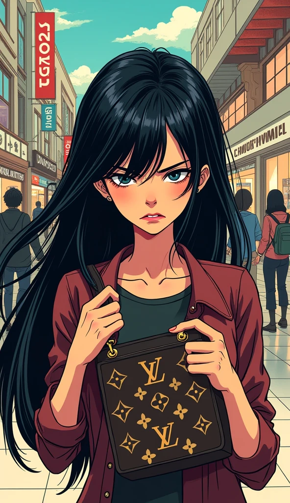Japanese comic style,In the mall,Shopping,黑色Long hair的女性,Long hair,Angry expression,(Looking at the LV bag in my hand)