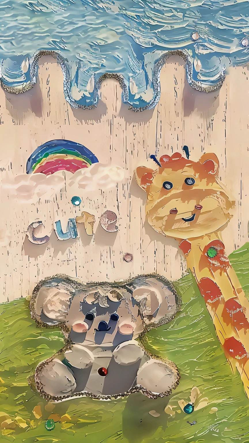 There is a picture of a giraffe and a bear, Lovely features, Lovelycore, Lovely artwork, Lovely detailed artwork, Lovely colorful adorable, Lovely girl, Lovely:2, so Lovely, Lovely adorable, very Lovely, very Lovely features, Lovely details, Lovely scene, Lovely girls, Lovely animals, children's artwork, looking Lovely, Detailed acrylic