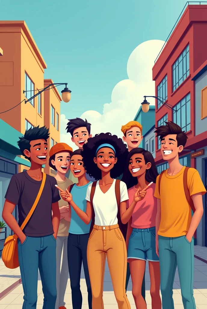 Generate an image for youth day in a graphics illustration which contains a group of seven youth male and female