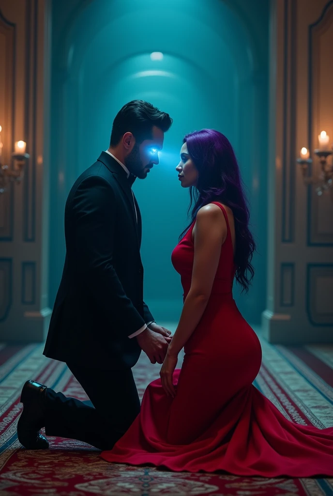 A ( handsome man , black suit , Magical glowing blue eyes he is using his Hypnotic eyes on a beautiful girl, She Is wearing red colour beautiful,hot and dress,she has long black purple hair , background is off a beautiful mansion but dark ( Full image)
she sitting on her knees bowing in man's leg