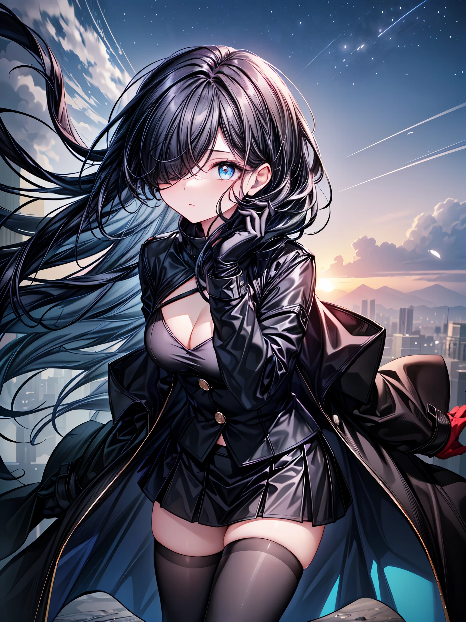 ((Oriental Project)),((masterpiece)),((leaning forward)),((Highest quality)),((Fascinating)),((alone)),((Deep blue pupils)),((Looking up at the night view from the top of the hill)),((Beautiful Blue Eyes)),((Wearing a black coat)),((Black mini skirt)),(((Wearing black tights))),((Slim body)),((length, Shiny black hair)),((Her left eye is completely hidden by her bangs)),((Her hair is parted, and you can see her eyes through it)),((Wearing black gloves)),((hair over one eye,long hair)),((Ruthless)),((Complex background)),((Hair blowing in the wind))