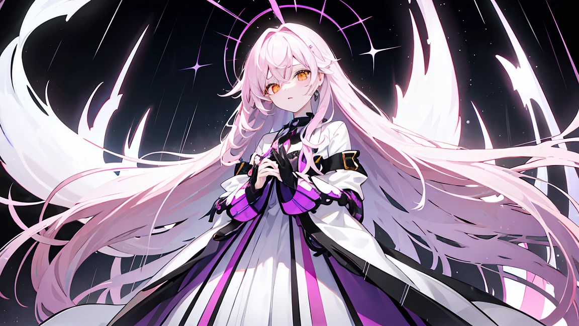 Medium chest、adult age、Beauty、Orange eyes、Hair color、Mainly pale purple、Place々It has deep purple and pink highlights.。Long Hair、Hair flowing down、Photograph the upper body、Just standing、Raining background、White coat like a scientist、Looking down with cold eyes、Hold an umbrella、
