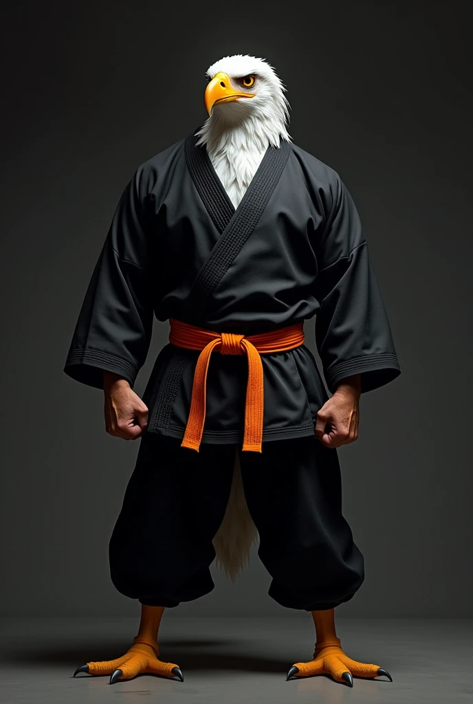 Eagle wears a black martial arts uniform with an orange belt