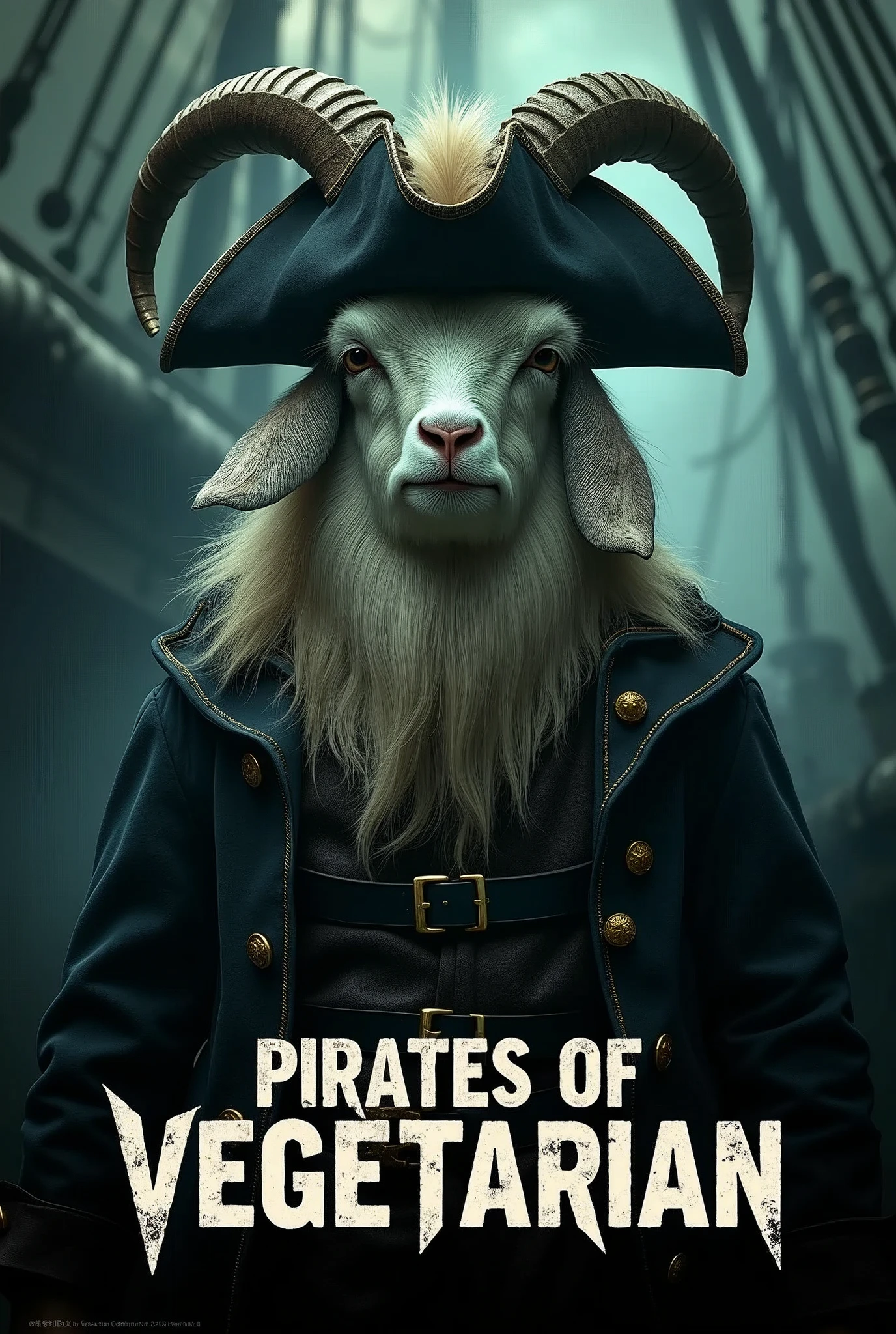 Create a cinematic poster featuring photorealistic portrait of Dressed animals - a ((fat)) angora goat pirate, , wearing pirate costume and pirate hat , with a serious, intense expression, He should be slightly off-center in the composition, The background should be dark and gritty, pirate's ship with smoky or grunge textures, Use a color scheme of black, deep blues, and dark greens, with subtle silver or gold accents to capture the show's mood, At the bottom of the poster, place the text "PIRATES OF VEGETARIAN" in large, bold, distressed letters, in a sans-serif font. The text should have a cinematic style, with slight shadow or glow effects to make it stand out against the background.