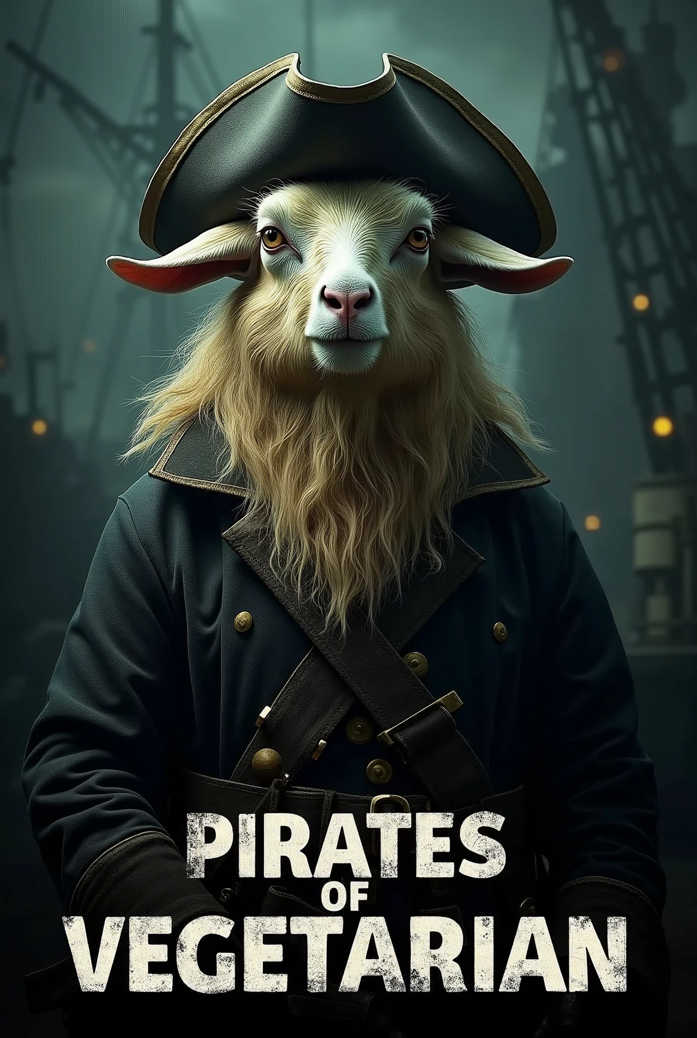 Create a cinematic poster featuring photorealistic portrait of Dressed animals - a ((fat)) angora goat pirate, , wearing  pirate costume and  pirate hat , with a serious, intense expression, He should be slightly off-center in the composition, The background should be dark and gritty, pirate's ship with smoky or grunge textures, Use a color scheme of black, deep blues, and dark greens, with subtle silver or gold accents to capture the show's mood, At the bottom of the poster, place the text "PIRATES OF VEGETARIAN" in large, bold, distressed letters, in a sans-serif font. The text should have a cinematic style, with slight shadow or glow effects to make it stand out against the background.
