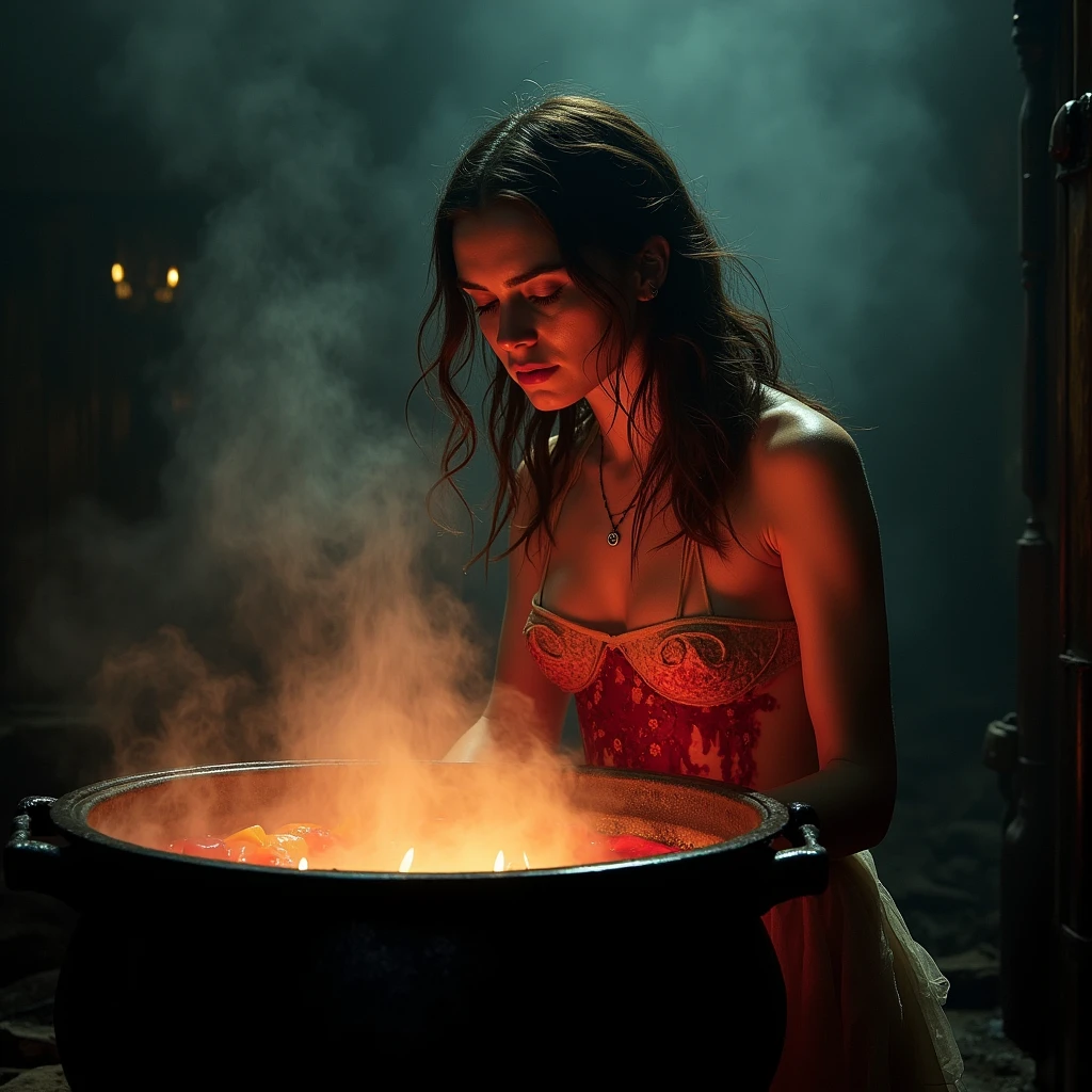 ((best quality)), ((masterpiece)), (detailed), undead wounded Keira Knightley
is boiled in a huge cauldron, blood on undead body, horror atmosphere, death, wounds