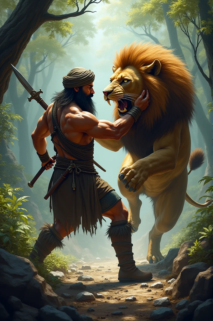 A sikh worior man fight with lion in the jungle