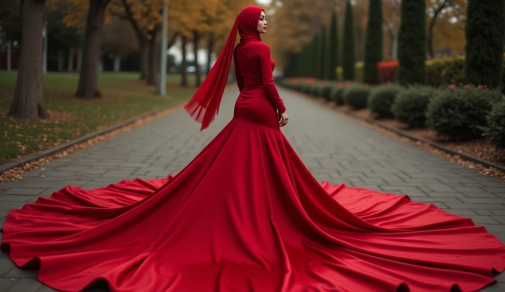 Asian woman in red satin glamorous evening gown, wear modern hijab, mermaid-style, fabric clings tightly, wear sheer outer gown, full-body encapsulation, entirety of fabric about 7 meters in length trailing dramatically, glamours style, overlong satin train, extreme detail on the texture of the satin, highlighting its reflective quality, cinched at the ankle, sexy random pose outdoor, dramatic lighting, ultra realistic, high-resolution photography.