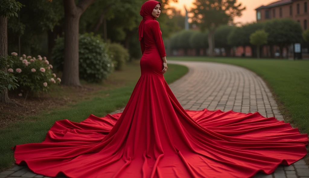 Asian woman in red satin glamorous evening gown, wear modern hijab, mermaid-style, fabric clings tightly, wear sheer outer gown, full-body encapsulation, entirety of fabric about 7 meters in length trailing dramatically, glamours style, overlong satin train, extreme detail on the texture of the satin, highlighting its reflective quality, cinched at the ankle, sexy random pose outdoor, dramatic lighting, ultra realistic, high-resolution photography.