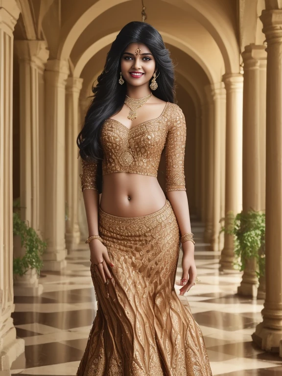 extremely exotic beautiful Tamil girl, 20 year old, erotic poses for magazine, in palm beach, (very very long hair), expensive designer short dresses, expensive ornaments, round deep navel, intricate detailing of faces, bright smile, eyes symmetry, face symmetry, HDR, hyper realistic, intricate detailing