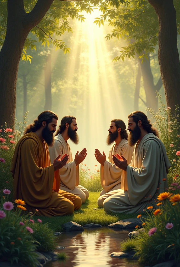 Men praying to God on their knees in a beautiful garden with beards