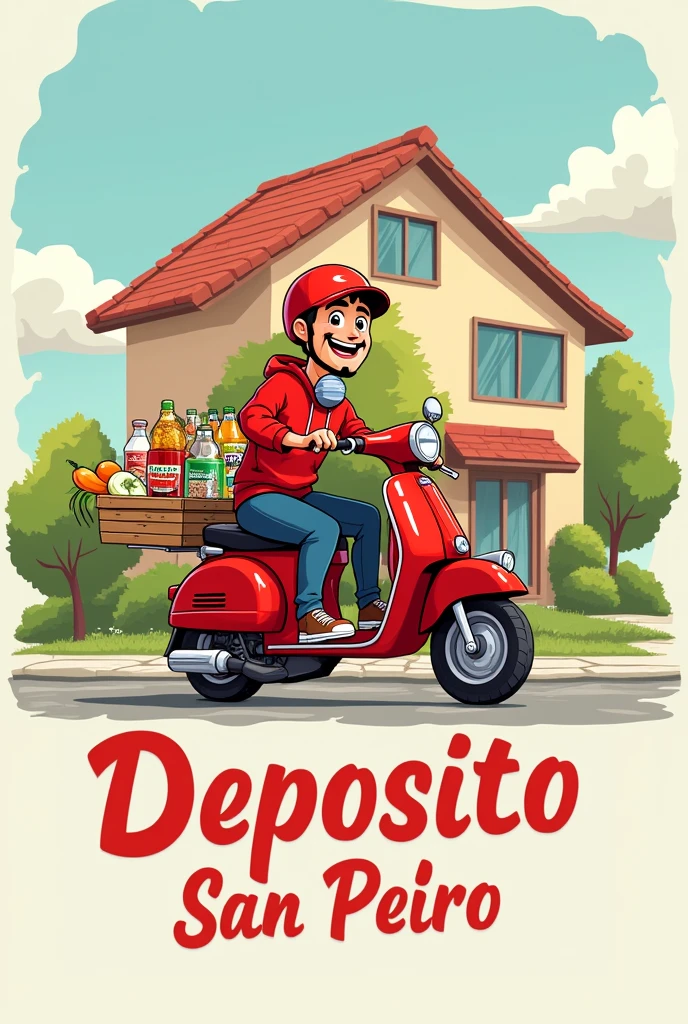 Freehand 2D drawing in animated style Red delivery motorcycle with groceries and milk, cereal and bottled drinks, Behind her a house with a triangular roof and below the letters Deposito San Pedro