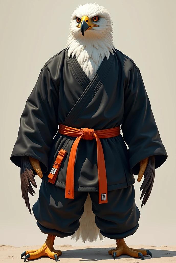 Eagle wears a black martial arts uniform with an orange belt