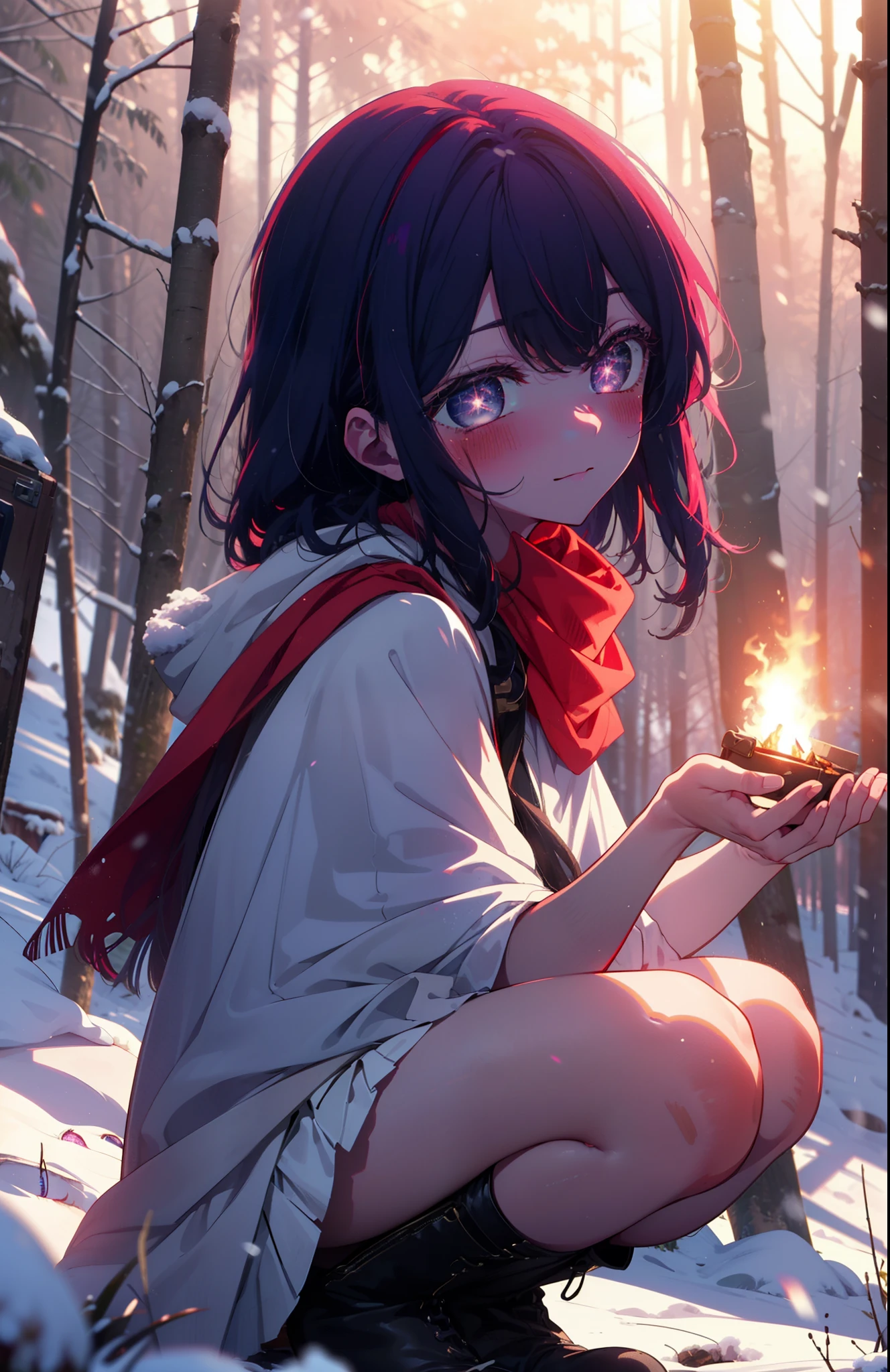 aihoshino, Ai Hoshino, Long Hair, bangs, (Purple eyes:1.1), Purple Hair, (Symbol-shaped pupil:1.5), smile,,smile,blush,white breath,
Open your mouth,snow,Ground bonfire, Outdoor, boots, snowing, From the side, wood, suitcase, Cape, Blurred, , forest, White handbag, nature, Squat, Mouth closed, Cape, winter, Written boundary depth, Black shoes, red Cape break looking at viewer, Upper Body, whole body, break Outdoor, forest, nature, break (masterpiece:1.2), Highest quality, High resolution, unity 8k wallpaper, (shape:0.8), (Beautiful and beautiful eyes:1.6), Highly detailed face, Perfect lighting, Highly detailed CG, (Perfect hands, Perfect Anatomy),