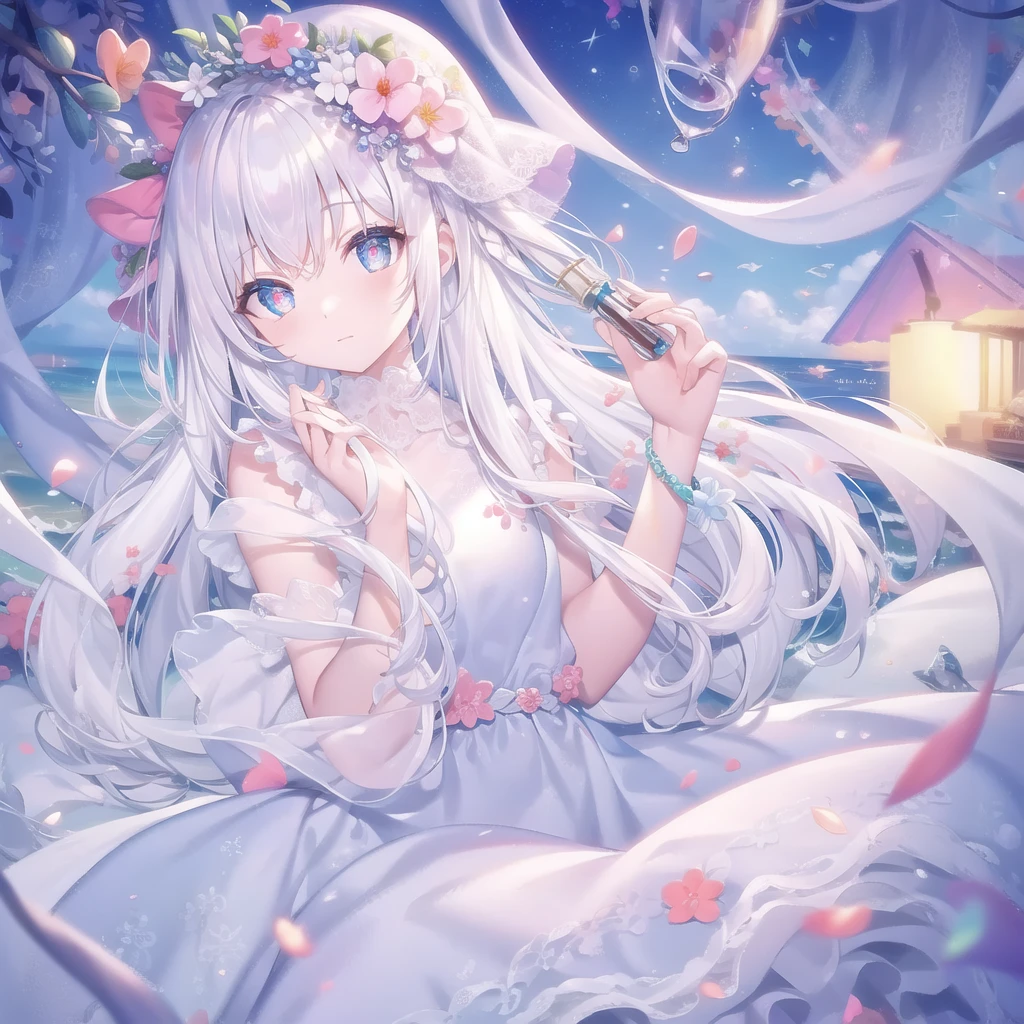 ((masterpiece, best quality))++, Detailed lighting+, Detailed hair+, Detail hand+ ,1 girl, Miss, Long hair, Crimson eyes, beautiful eyes, young white hair,,(Beautiful white hair:1.5),(Beautiful and delicate eyes), high resolution+,glass tint, Reflective eyes, {{angle}} , Very detailed wallpaper, The original, Air bangs,Extremely beautiful CG,Firefly,Nature,ocean