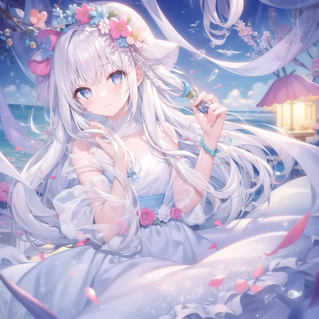 ((masterpiece, best quality))++, Detailed lighting+,  Detailed hair+, Detail hand+ ,1 girl, Miss, Long hair,   Crimson eyes,  beautiful eyes, young white hair,,(Beautiful white hair:1.5),(Beautiful and delicate eyes),  high resolution+,glass tint, Reflective eyes,   {{angle}} , Very detailed wallpaper, The original, Air bangs，Extremely beautiful CG，Firefly，Nature，ocean
