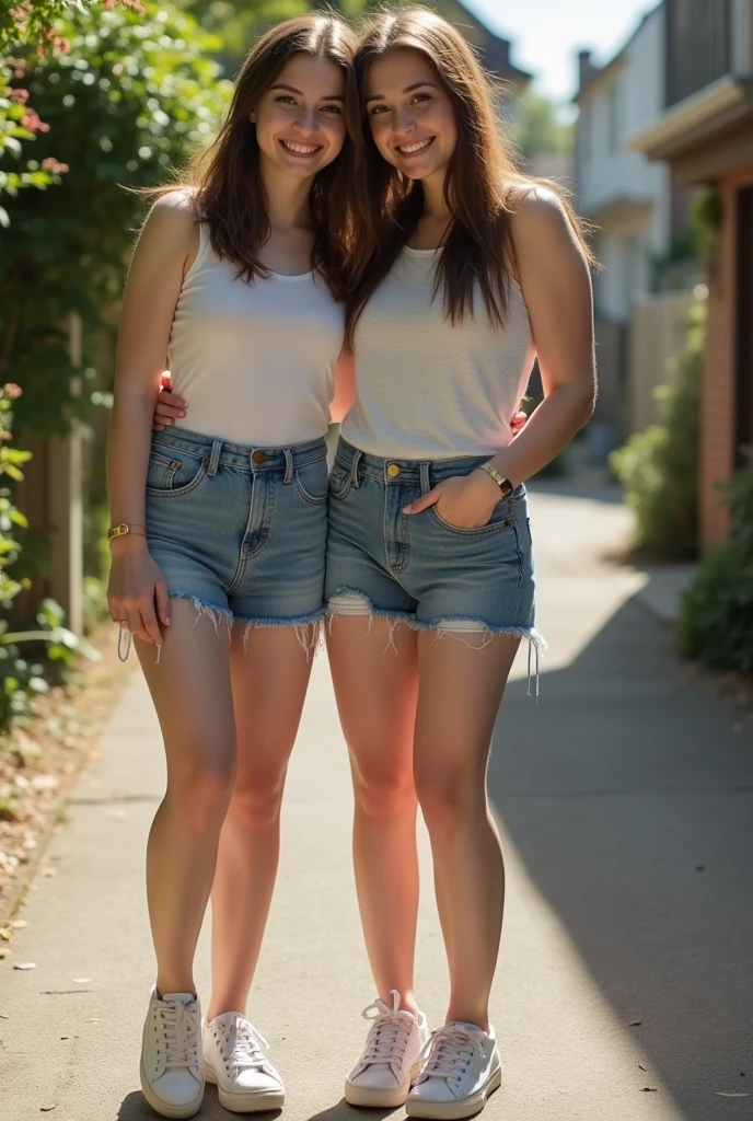 Show entire body, Feet in view, Aerial photography, twins , Brown hair, skirt, transparent tights, sneakers, neighborhood, Sunny day, smiling, tape gagged