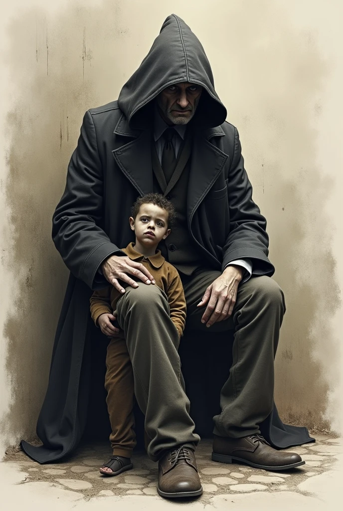 Same as this drawing, only that the gentleman looks grim, dark and restless, and that instead of the dog it is a scared child, abused and very scared