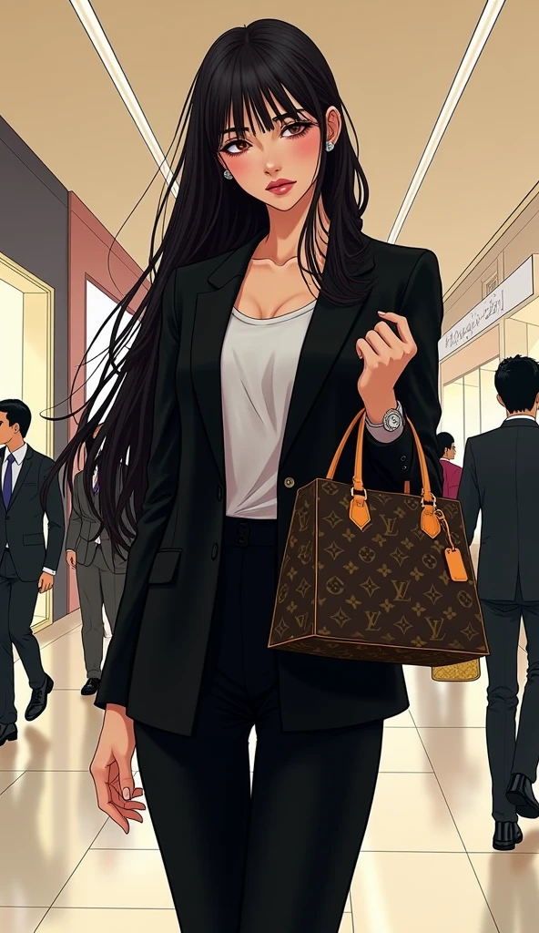 ((A woman with long hair))，In the mall，Shopping，Sad expression，（Looking at the LV bag in my hand），Japanese comic style，Black suit，There are five or six people behind me.