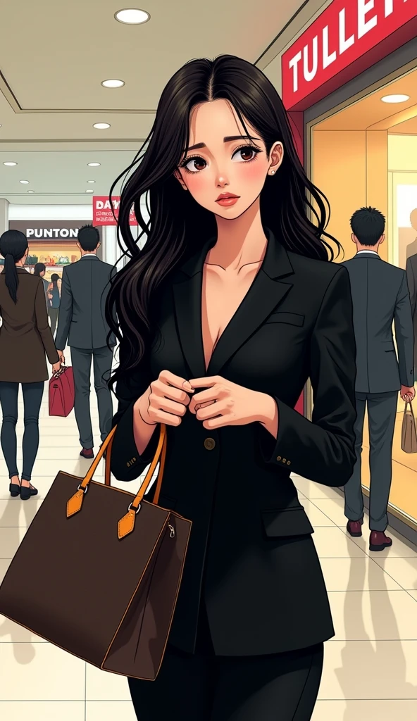 ((A woman with long hair)),In the mall,Shopping,Sad expression,(Looking at the LV bag in my hand),Japanese comic style,Black suit,There are five or six people behind me.