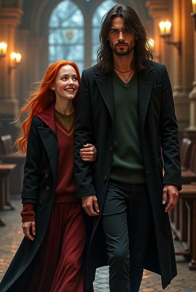 Beautiful redhead student with freckles wearing Hogwarts uniform and walking down the hall with a tall man with long chin-length black hair and thin features laughing