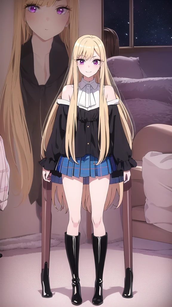 1 girl, solo, an extremely beautiful frame, great view, detailing, HD frame, (( ultra quality )) , A beautiful girl, patent leather boots, 
blonde hair, shiny figure, Pink eyes, manicure, full length, plaid skirt, I am hooded, bracelets, black thigh-high boots, heels, room, night, lamps are on, nice smile, long hair, Thin legs, 8k, 
aesthetics of privacy, clear frame, Looking at the viewer, (( drawing many details )) , take into account all the shortcomings, 