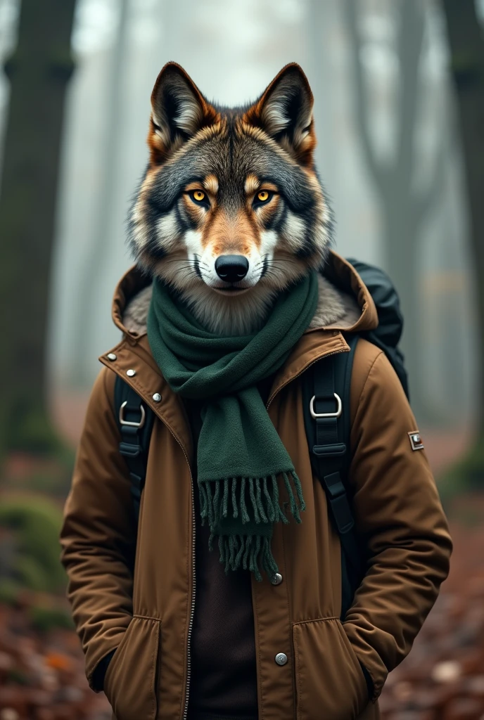 (photorealism:1.2),Imagine a magical forest where animals have evolved to take on human traits. In this forest, a wolf with strikingly detailed fur, marked with browns and greys, possesses intelligent human-like eyes. This wolf is dressed in human clothing, wearing a brown jacket, a green scarf, and carrying a backpack. The setting is a misty autumn forest, adding a mysterious ambiance to the scene.