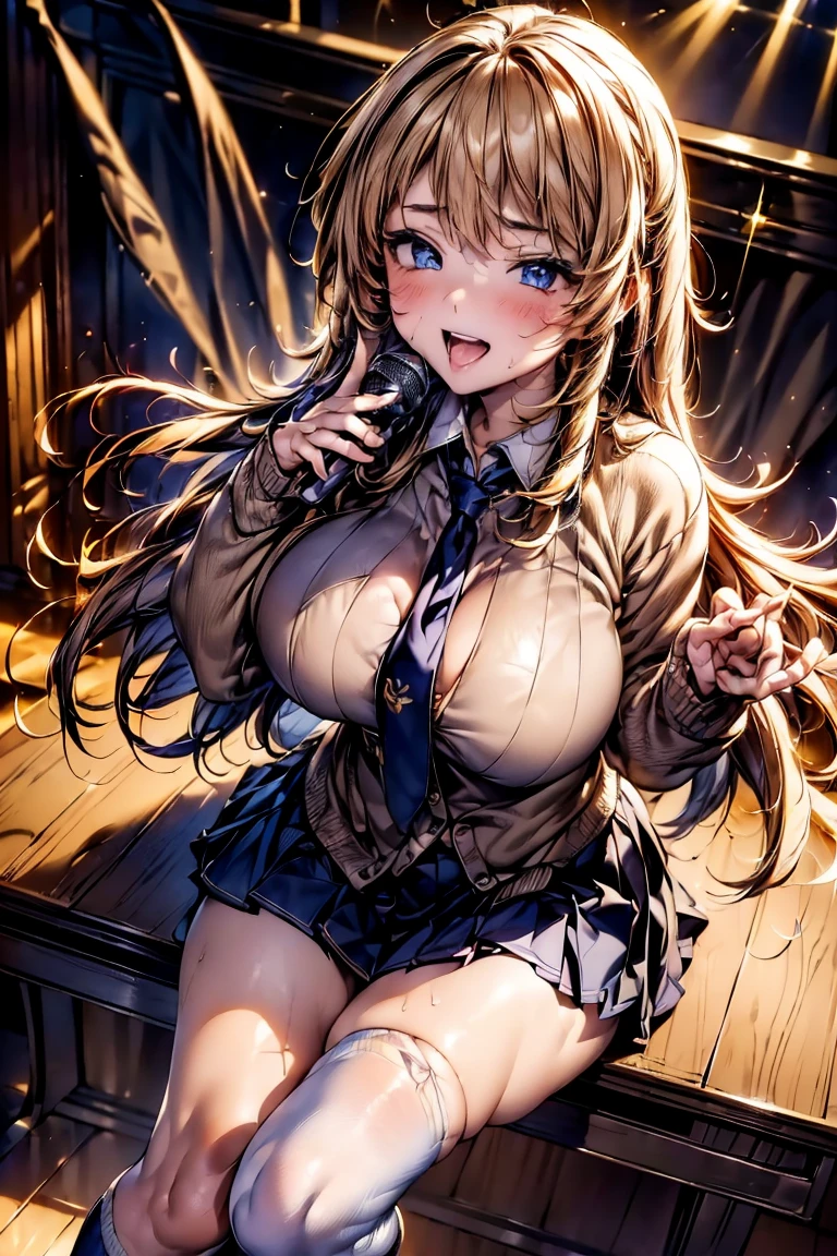 Browsing Caution,(Highest quality, 8k, masterpiece:1.3,beautiful girl), ((Karaoke Box))((Sitting in a chair)),(Very detailed)Glowing Skin,(((Long Hair,blonde,Beautiful Hair))),(Perfect Anatomy, Anatomically correct, Very detailed肌),((Golden Eyes)),(((((Perfect Fingers,Five Fingers))))),((Light blue collared shirt, Navy pleated mini skirt, socks, Navy tie, Light brown cardigan, White knee socks)),Pink Panties, Knee-high socks,Knee-high socks on both feet,Double teeth,Big Breasts,Big Ass,look up,A slightly higher angle, Focus Only,Very smiling,Sing with a microphone,sweating,Place your right hand on your hip