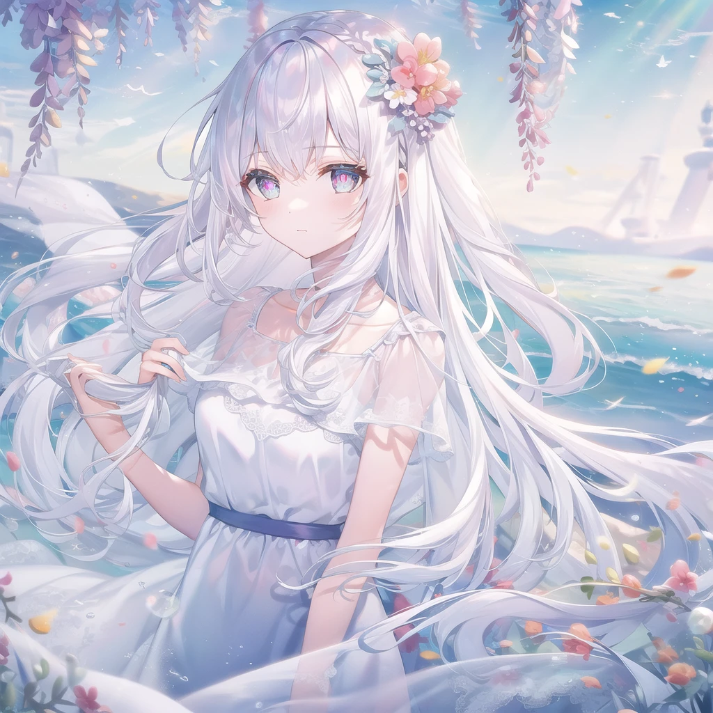 ((masterpiece, best quality))++, Detailed lighting+,  Detailed hair+, Detail hand+ ,1 girl, Miss, Long hair,   Crimson eyes,  beautiful eyes, young white hair,,(Beautiful white hair:1.5),(Beautiful and delicate eyes),  high resolution+,glass tint, Reflective eyes,   {{angle}} , Very detailed wallpaper, The original, Air bangs，Extremely beautiful CG，Firefly，Nature，ocean