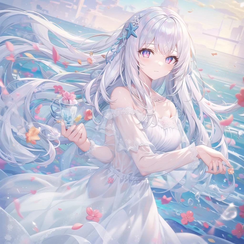 ((masterpiece, best quality))++, Detailed lighting+, Detailed hair+, Detail hand+ ,1 girl, Miss, Long hair, Crimson eyes, beautiful eyes, young white hair,,(Beautiful white hair:1.5),(Beautiful and delicate eyes), high resolution+,glass tint, Reflective eyes, {{angle}} , Very detailed wallpaper, The original, Air bangs,Extremely beautiful CG,Firefly,Nature,ocean