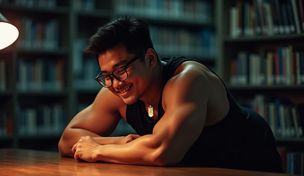 best quality, masterpiece, extremely detailed, masculine, 25 year old muscular bodybuilder filipino man, wearing glasses, round face with chubby cheeks, (muscular bodybuilder), very cheeky smile, fitted clothes, glowing quartz crystal pendant, bends forward and leaning elbows on a table, in library, side view, afterhours, lights off, at midnight, cinematic shadows, dreamy atmosphere, perfect face, perfect hands, perfection