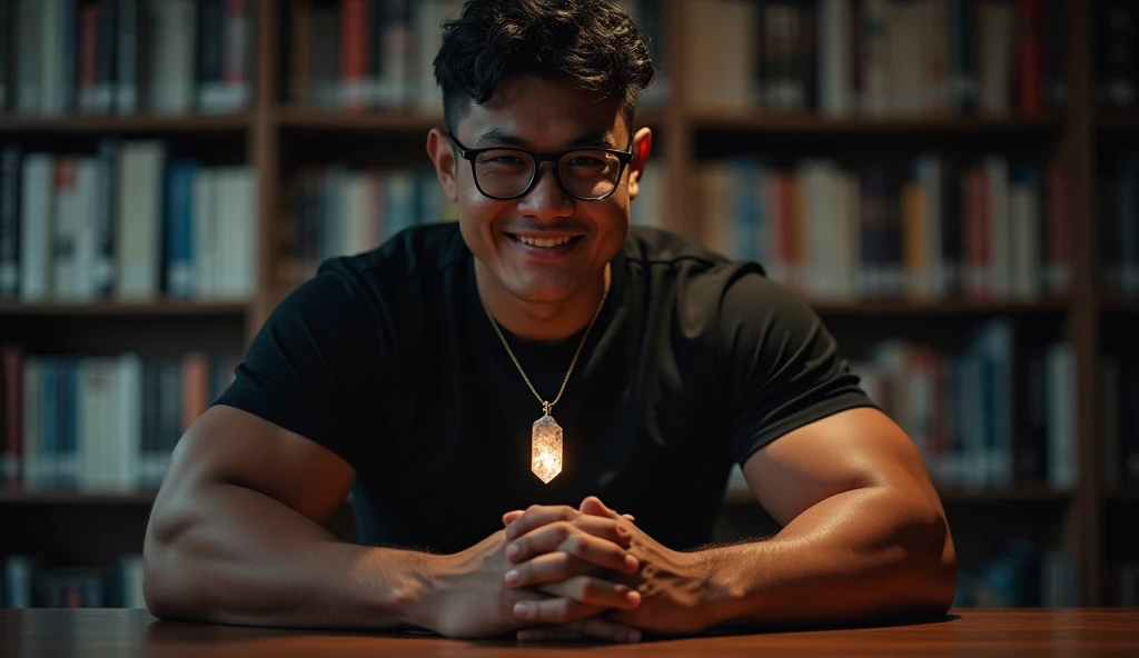 best quality, masterpiece, extremely detailed, masculine, 25 year old muscular bodybuilder filipino man, wearing glasses, round face with chubby cheeks, (muscular bodybuilder), very cheeky smile, fitted clothes, glowing quartz crystal pendant, bends forward and leaning elbows on a table, in library, side view, afterhours, lights off, at midnight, cinematic shadows, dreamy atmosphere, perfect face, perfect hands, perfection
