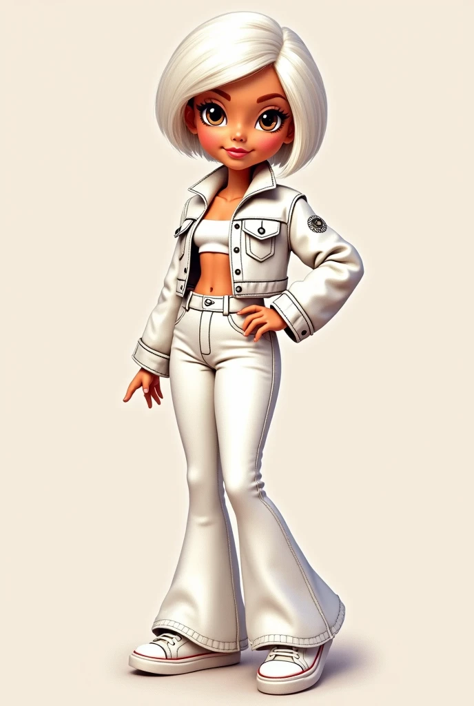 Cartoon Barbie with white hair ,short ,brown eyes dressed in high-waisted white bell-bottom jeans and a white jeans jacket with white chains  ,white tennis shoes ,All white clothing not belly buttoning