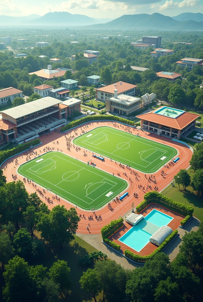 Philippines sports complex layout with soccer field, swimming pool, basketball court, volleyball court, archery, shooting, entrance, cafeteria, rooms, bathroom, shower room, meeting room, garden, 
