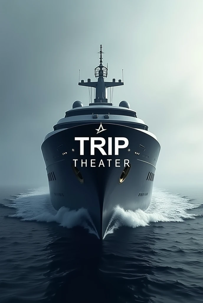 A ship-themed illustration as the background、「Trip Theater」A geometric monotone logo with the lettering in the center