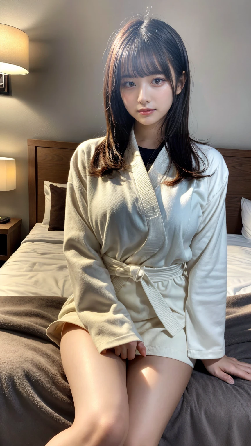 masterpiece, best quality, illustration, Super detailed, fine details, High resolution, 8K,wall paper, perfect dynamic composition,(Details High quality, realistic depiction of eyes:1.3), oversized judo uniform white, sitting, open legs, short bob hair, in a hotel room in the background, large breasts, black hair color, Big Natural Color Lip, (perfect body shape), crying a little、Harajuku style、20 year old girl、cute type、beautiful legs, Gravure Idol