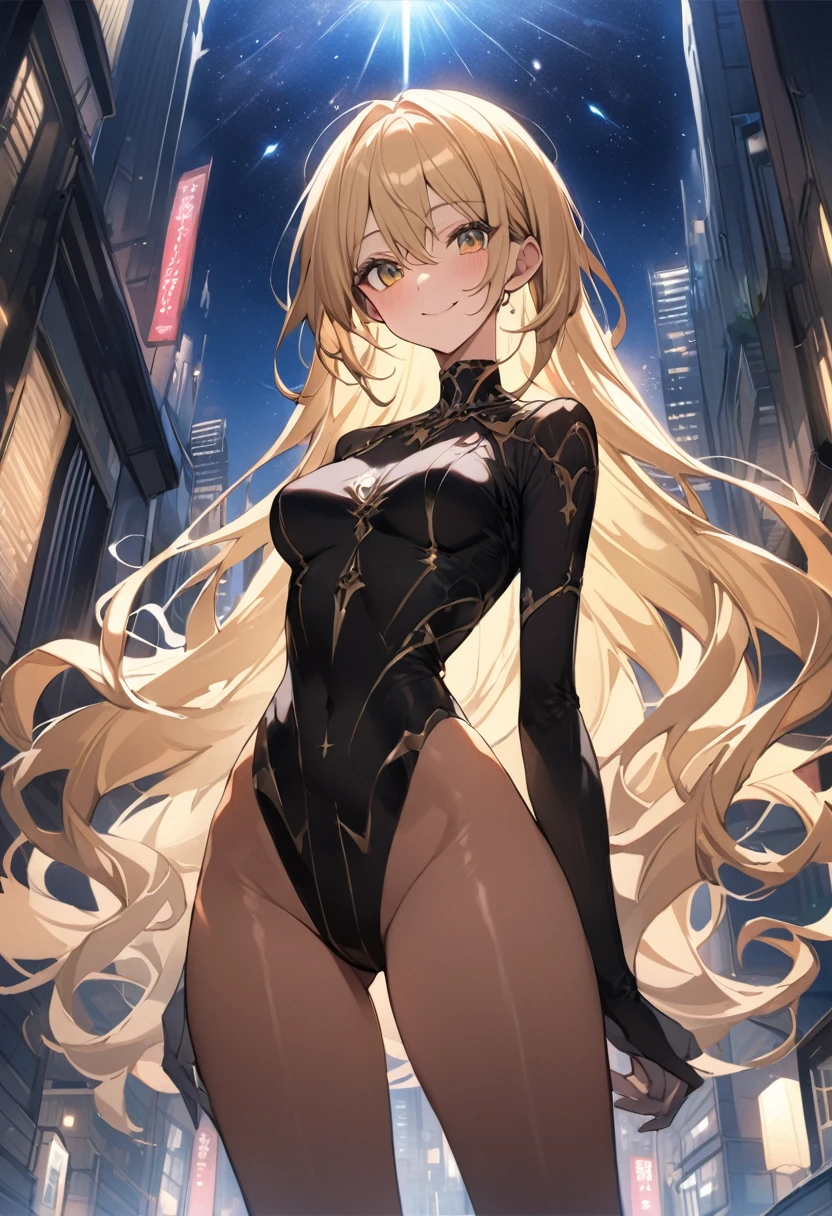 Fantasyart、((work of art,best anime quality,highest quallity:1.3)),cowboy shot,(mature beauty),female sorceress、only,1womanl,((very small head:1.3)),((Ideal Body Proportions Ratio:1.2)),hair blonde,tall twin tails,long straight hair,bangss,gorgeous eyes,eyes browns,ssmile,(Black knitwear),blackw_thicc thighs,((slenderbody,skinny,toned body)),medium breasts,shining skin,shining skin,(fly、fly in the sky,Overlooking the tall buildings)、starry sky、night sky、Tokyo、A modern magical fantasy world、
