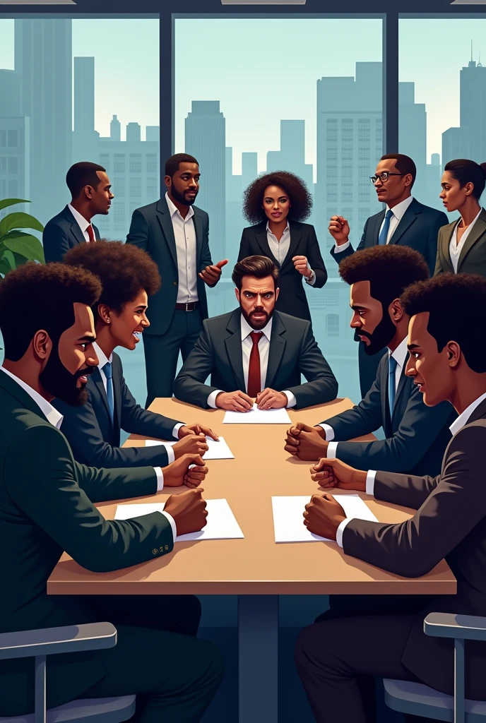 Black people Administrative team with some seating and others standing in frustration in a meeting