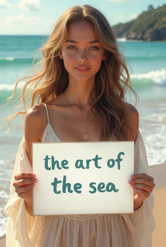 Beautiful girl with wavy long hair, bohemian dress, holding a white board with text "I Love Seaart Infinity" and showing it to the viewer