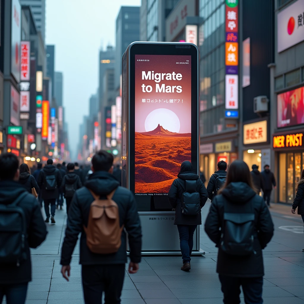 The streets of Tokyo, where people come and go. A commercial encouraging people to migrate to Mars runs on a monitor display.