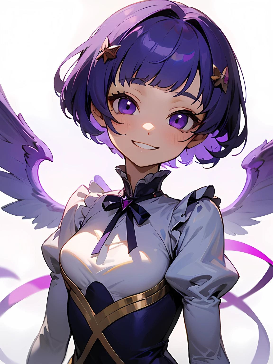 facing viewer,chibi,solo,upperbody,blue purple color hair,(very short thin pixiecut Mushroom hairstyle),blunt bangs,backcut,praying grin smile,(purple angel wings),white fril dress, purple neck big  ribbon,white simple background,