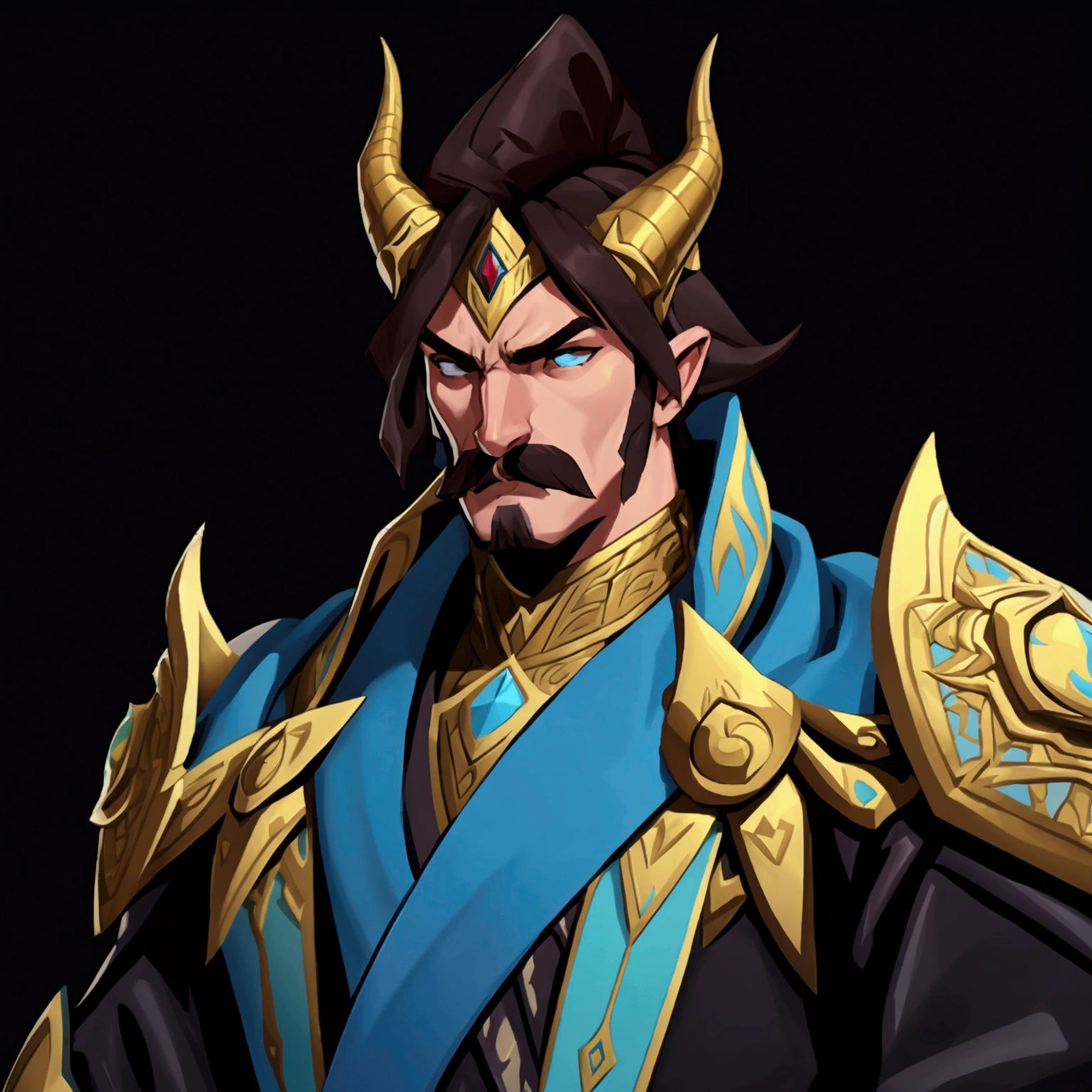 concept art, European and American comics, game character design, 1boy, solo, Male-centric, mustache, dark brown hair, 
blue cloak, A young warrior in his mid-twenties, Horned Helmet, 콧mustache, Gureotnarut, sharp jawline, Fierce eyes, Fantasy rpg game-like armor, 
 Draw only up to the chest
