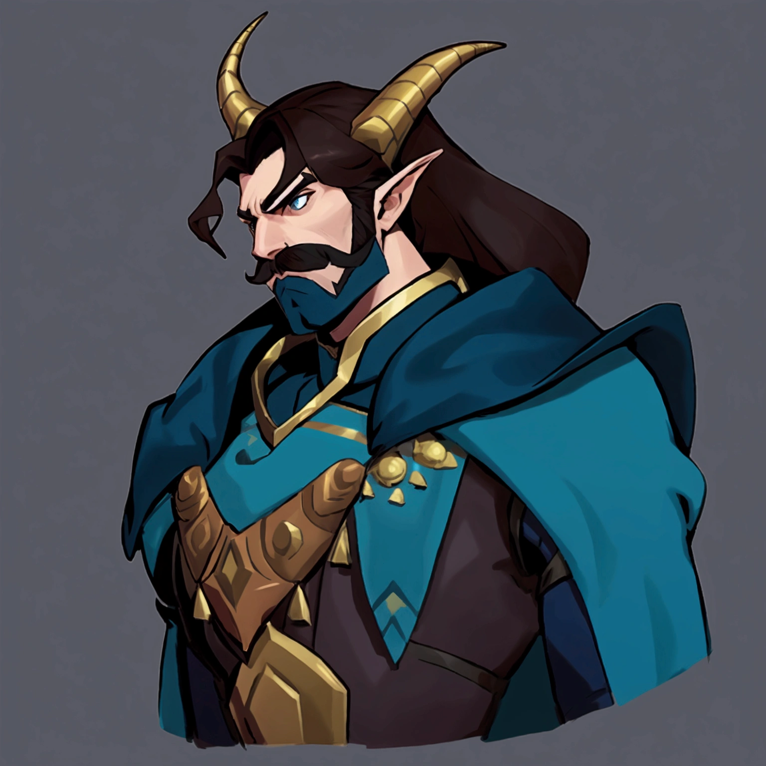 concept art, European and American comics, game character design, 1boy, solo, Male-centric, mustache, dark brown hair, 
blue cloak, A young warrior in his mid-twenties, Horned Helmet, 콧mustache, Gureotnarut, sharp jawline, Fierce eyes, Fantasy rpg game-like armor, 
 Draw only up to the chest
