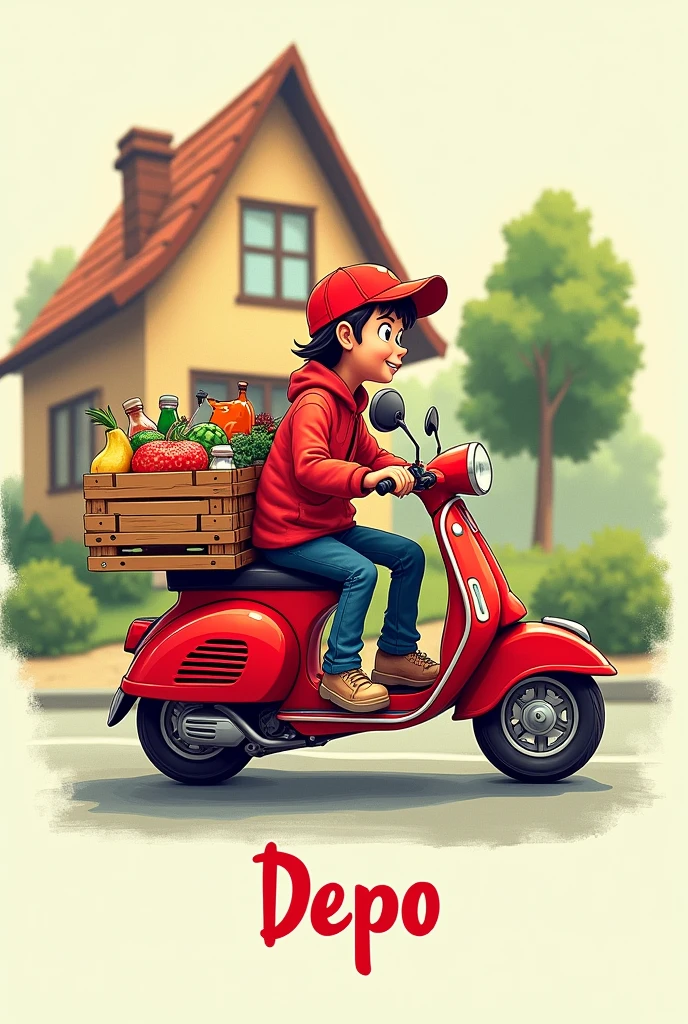 Freehand 2D drawing in animated style Red delivery motorcycle with groceries and milk, cereal and bottled drinks, Behind her a house with a triangular roof and below the letters Depo. Saint Peter