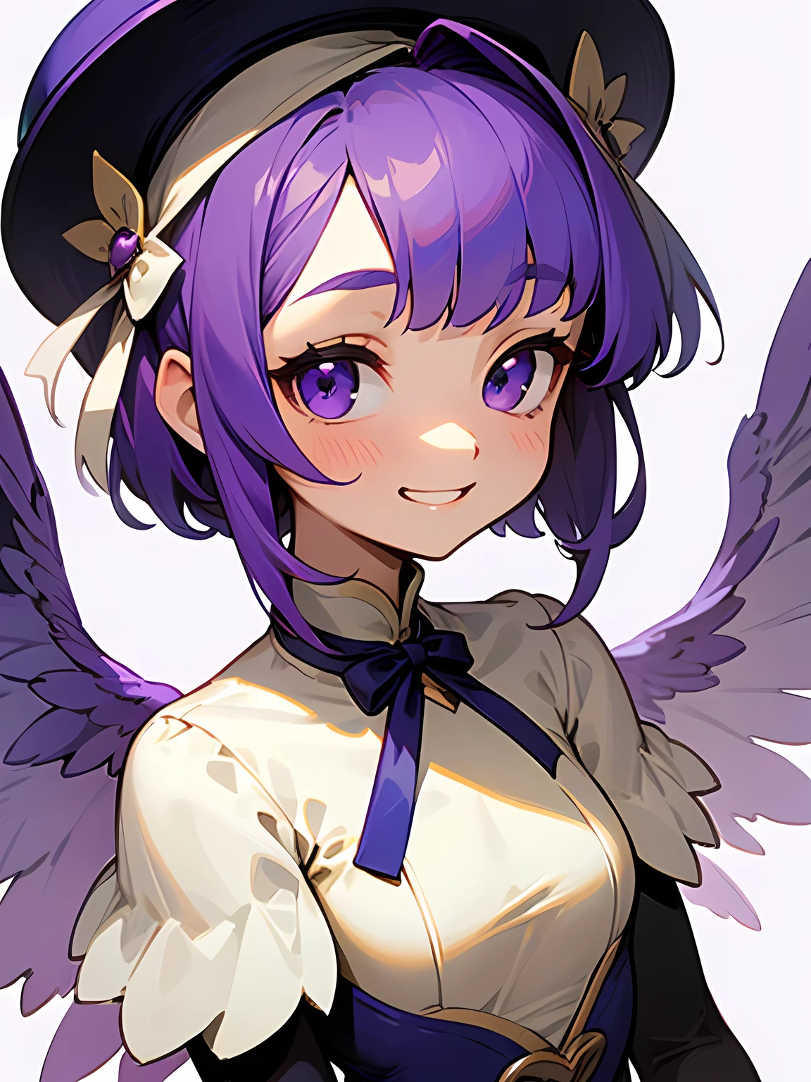 facing viewer,chibi,solo,upperbody,blue purple color hair,(very short thin pixiecut Mushroom hairstyle),blunt bangs,backcut,praying grin smile,(purple angel wings),white fril dress, purple neck big ribbon,white simple background,