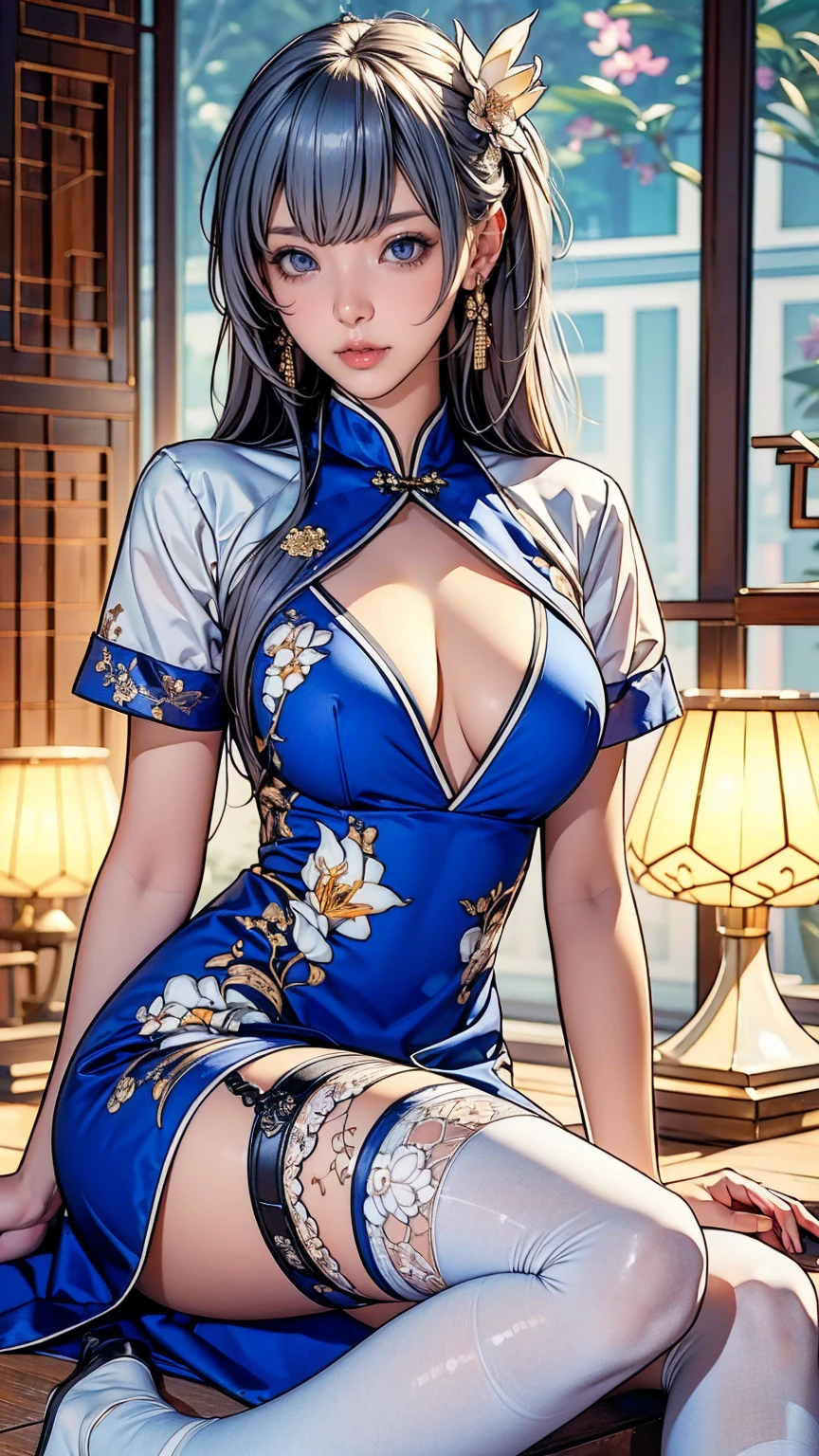 masterpiece, Highest quality, One girl, Famous (Maiden lily brilliance) (Azur Lane), Gray Hair, Very long hair, blue eyes, hair ornaments, chest, chestの谷間, China dress, Chinese clothing, Official Alternative Costumes, White knee socks, Garter Straps, Short sleeve, Chinese commentary, lanthanum,