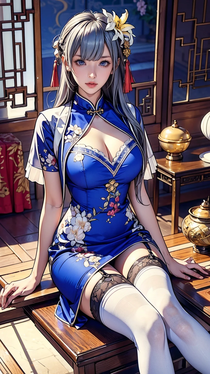 masterpiece, Highest quality, One girl, Famous (Maiden lily brilliance) (Azur Lane), Gray Hair, Very long hair, blue eyes, hair ornaments, chest, chestの谷間, China dress, Chinese clothing, Official Alternative Costumes, White knee socks, Garter Straps, Short sleeve, Chinese commentary, lanthanum,