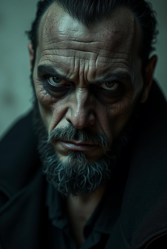 a real bad guy with intense eyes, sinister expression, sharp facial features, dark brooding look, rugged weathered skin, intimidating presence, wearing dark clothing, moody dramatic lighting, dark fantasy art style, cinematic composition, high contrast, gritty realistic rendering, detailed 4k, photorealistic