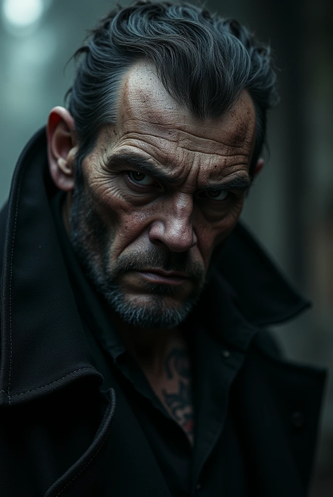 a real bad guy with intense eyes, sinister expression, sharp facial features, dark brooding look, rugged weathered skin, intimidating presence, wearing dark clothing, moody dramatic lighting, dark fantasy art style, cinematic composition, high contrast, gritty realistic rendering, detailed 4k, photorealistic